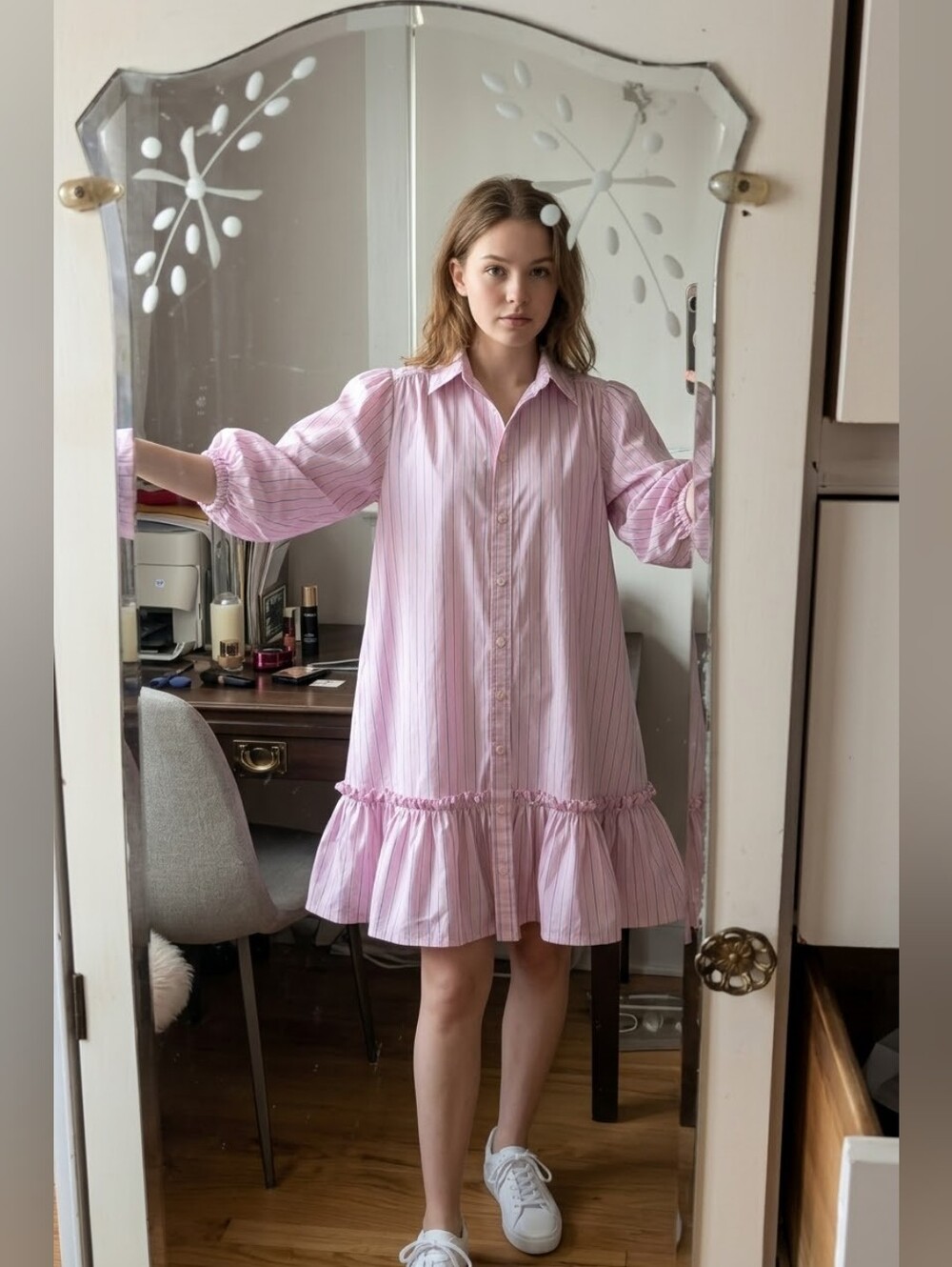 Icône by Simons Women's Pink & Blue Striped Oversized Ruffle Hem Shirt Dress – S